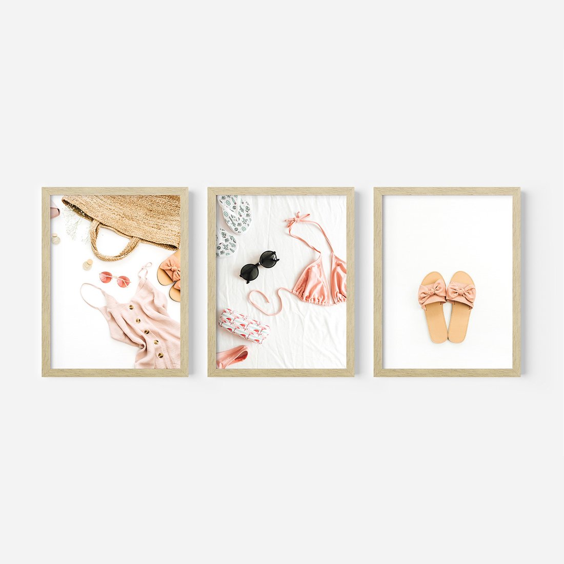 Zestaw obrazy w ramie, plakaty - moda, lato, akcesoria - rama drewno