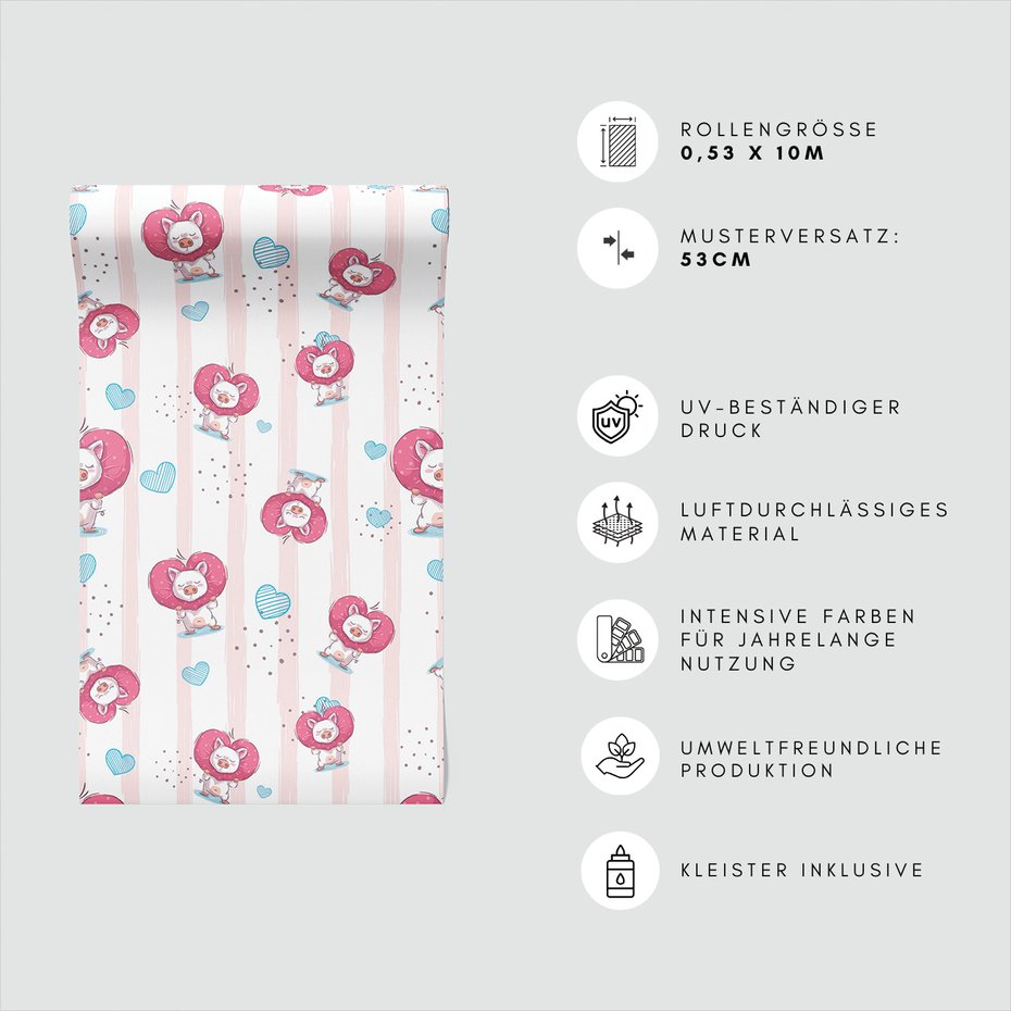 Tapeta - dziecięca, świnka, serce, tło