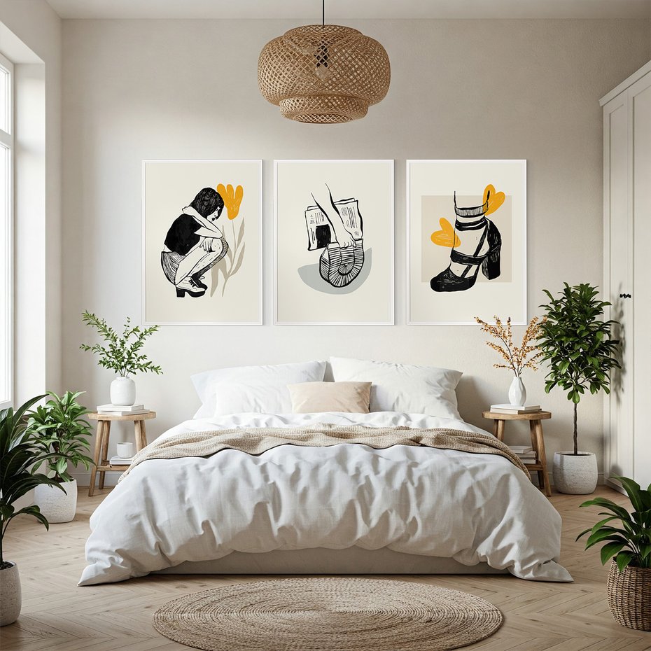 Zestaw obrazy w ramie, plakaty - rysunek, kobieta, kwiat - rama biała