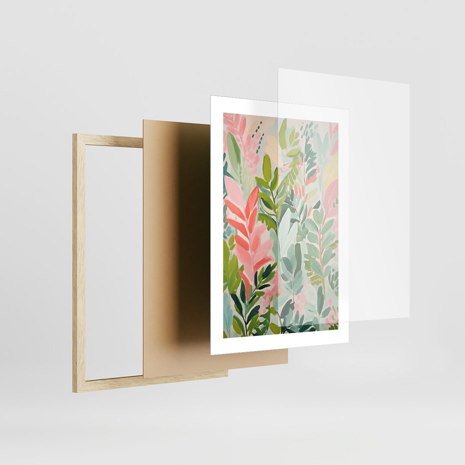 Zestaw obrazy w ramie, plakaty - kwiaty, liście, rośliny - rama drewno