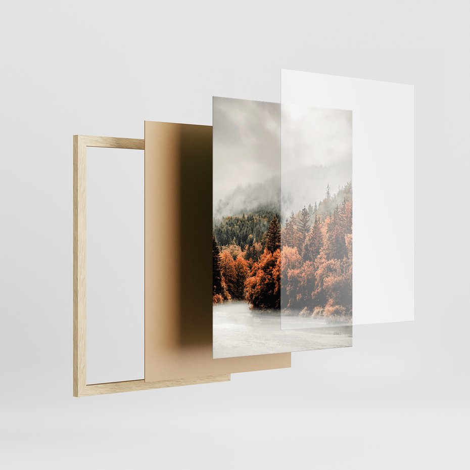 Zestaw obrazy w ramie, plakaty - jesień, las, liście - rama drewno