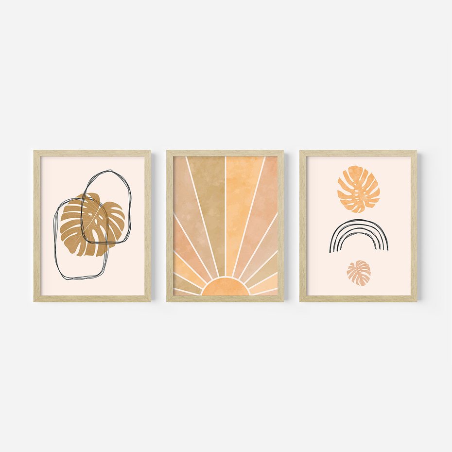 Zestaw obrazy w ramie, plakaty - liście, monstera, abstrakcja - rama drewno