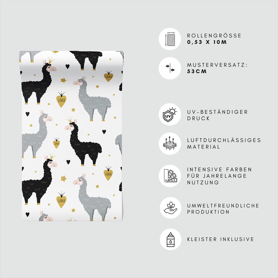 Tapeta - dziecięca, lama, serce, gwiazda