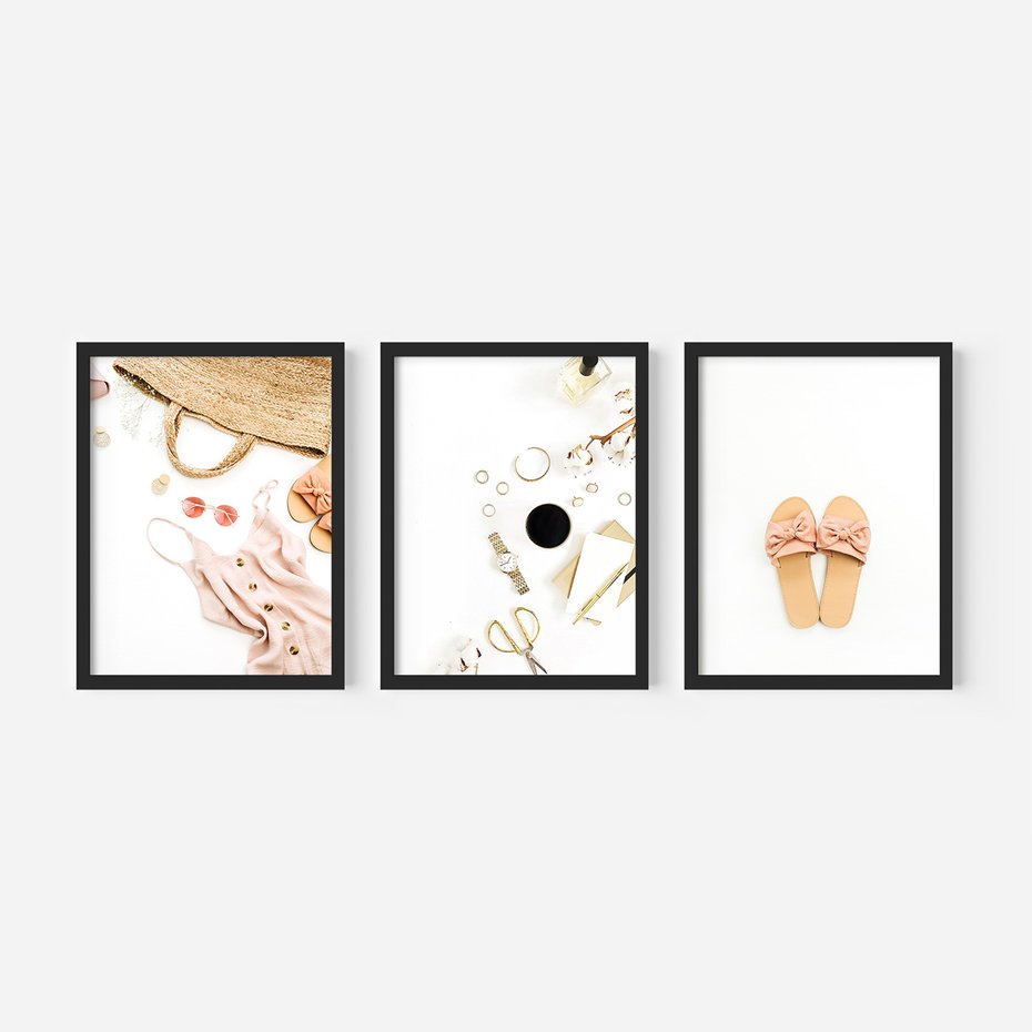 Zestaw obrazy w ramie, plakaty - akcesoria, różowy, złoty - rama czarna