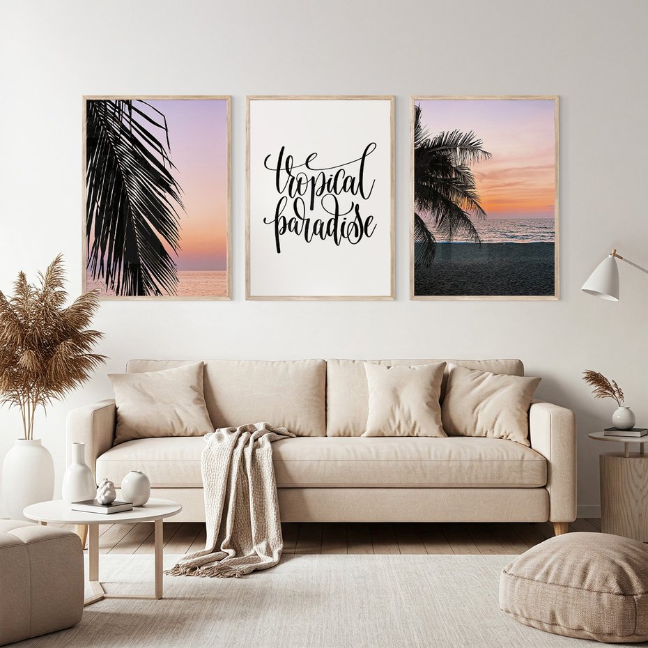 Zestaw obrazy w ramie, plakaty - palma, tropiki, morze - rama drewno