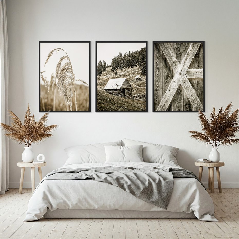 Zestaw obrazy w ramie, plakaty - natura, drewno, wieś - rama czarna