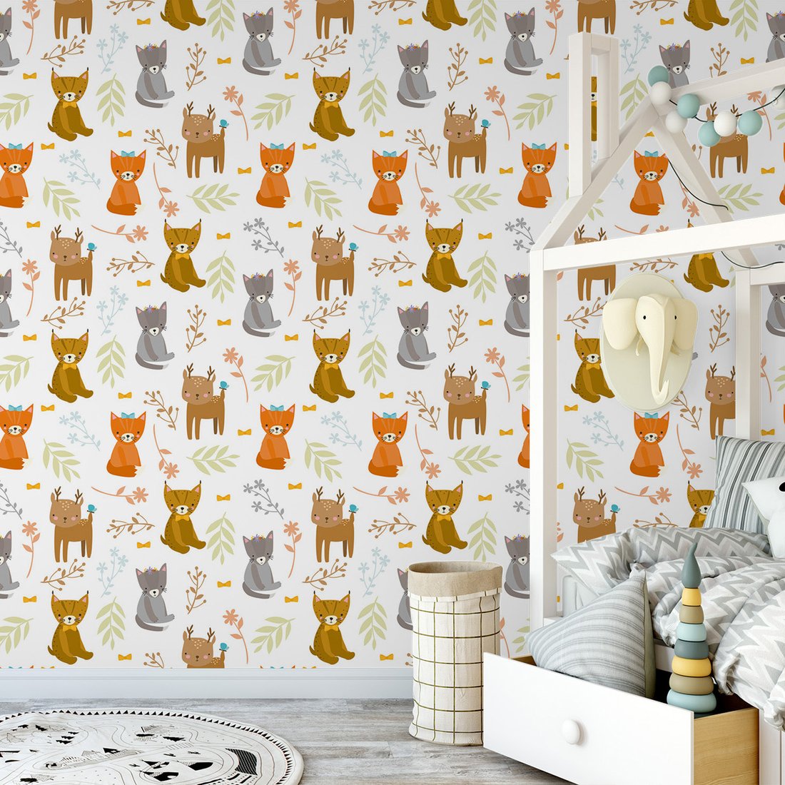 Tapeta - dziecięca, koty, jelenie, liście