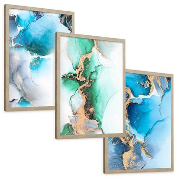 Zestaw obrazy w ramie, plakaty - abstrakcja, płyny, marmur - rama drewno