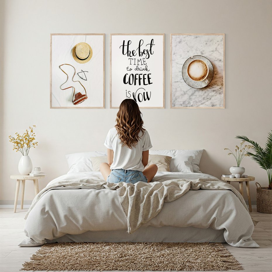 Zestaw obrazy w ramie, plakaty - vintage, kawa, tekst - rama drewno