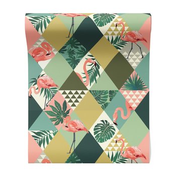 Tapeta - flamingo, liście, trójkąty