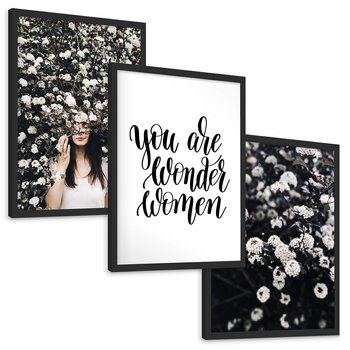 Zestaw obrazy w ramie, plakaty - kwiaty, kobieta, napisy - rama czarna