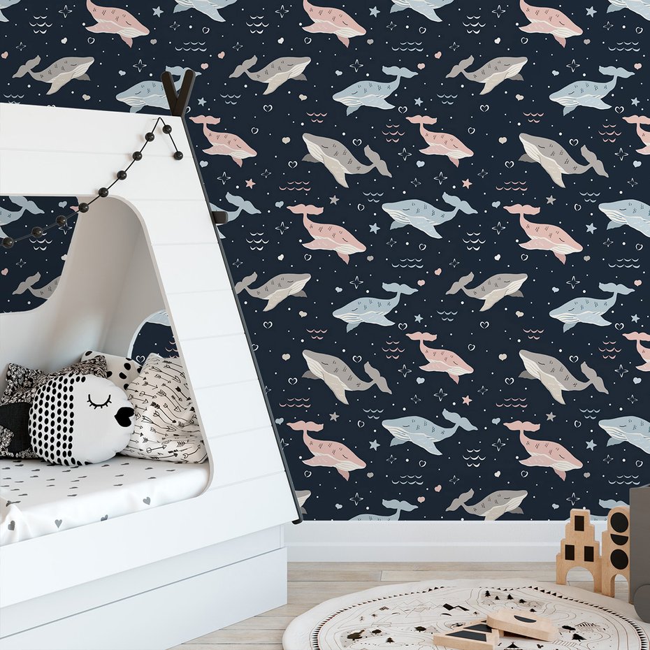 Tapeta - dziecięca, wieloryby, gwiazdy, serca