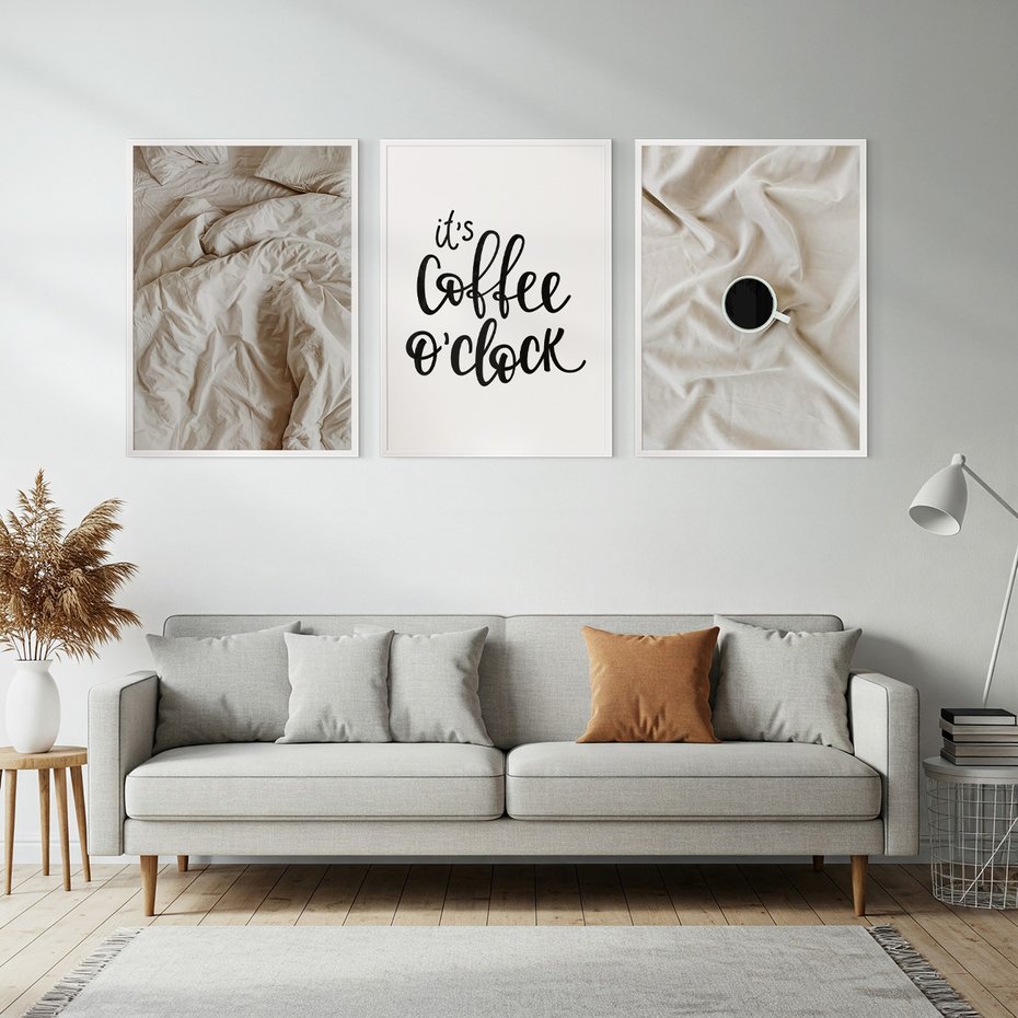 Zestaw obrazy w ramie, plakaty - pościel, kawa, relaks - rama biała