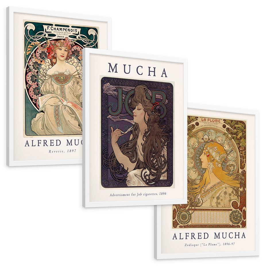 Zestaw obrazy w ramie, plakaty - Mucha, secesja, artystyczne - rama biała