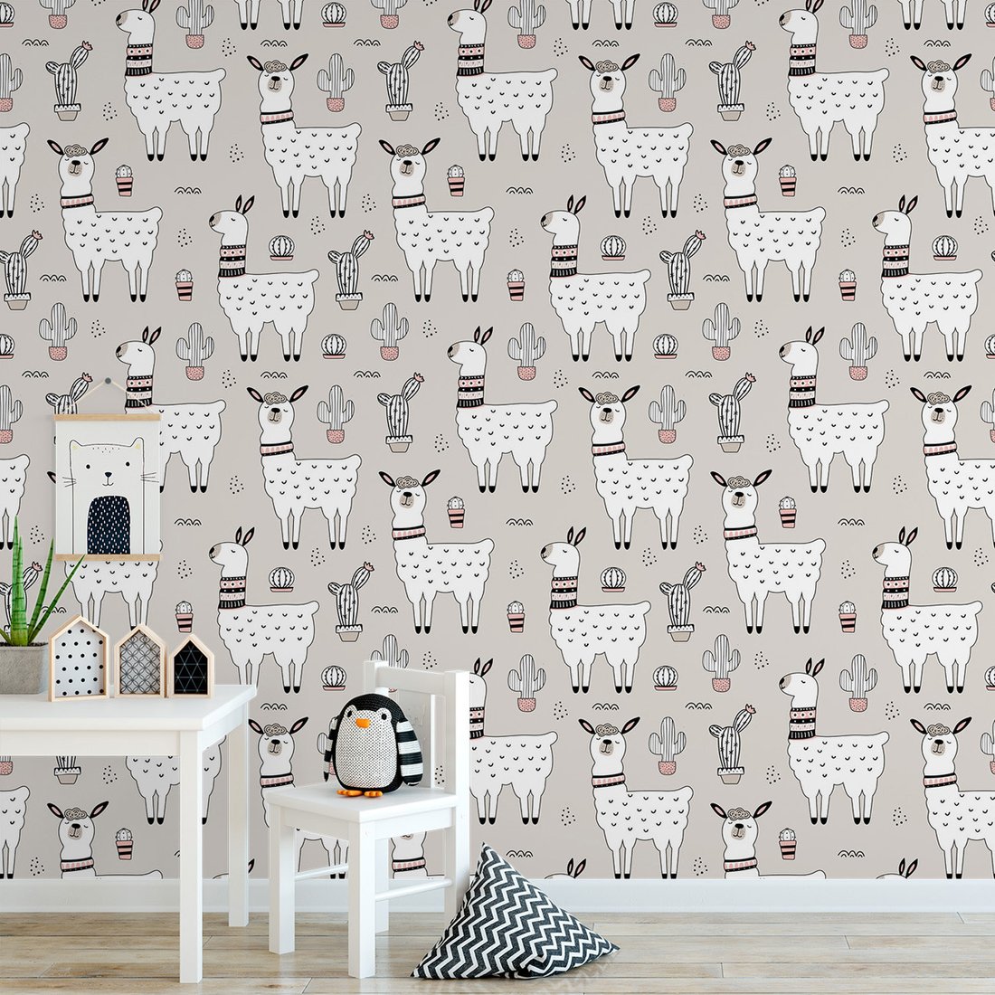 Tapeta - dziecięca, lama, kaktus, wzór