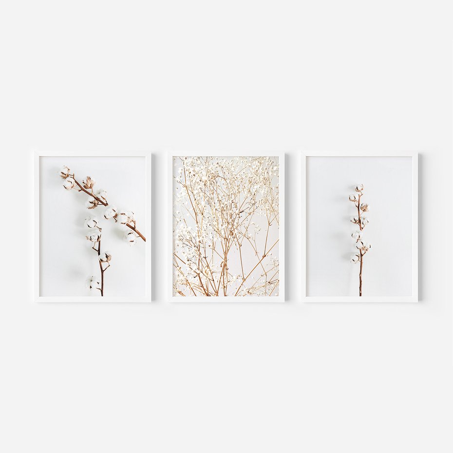 Zestaw obrazy w ramie, plakaty - bawełna, gałązki, delikatny - rama biała