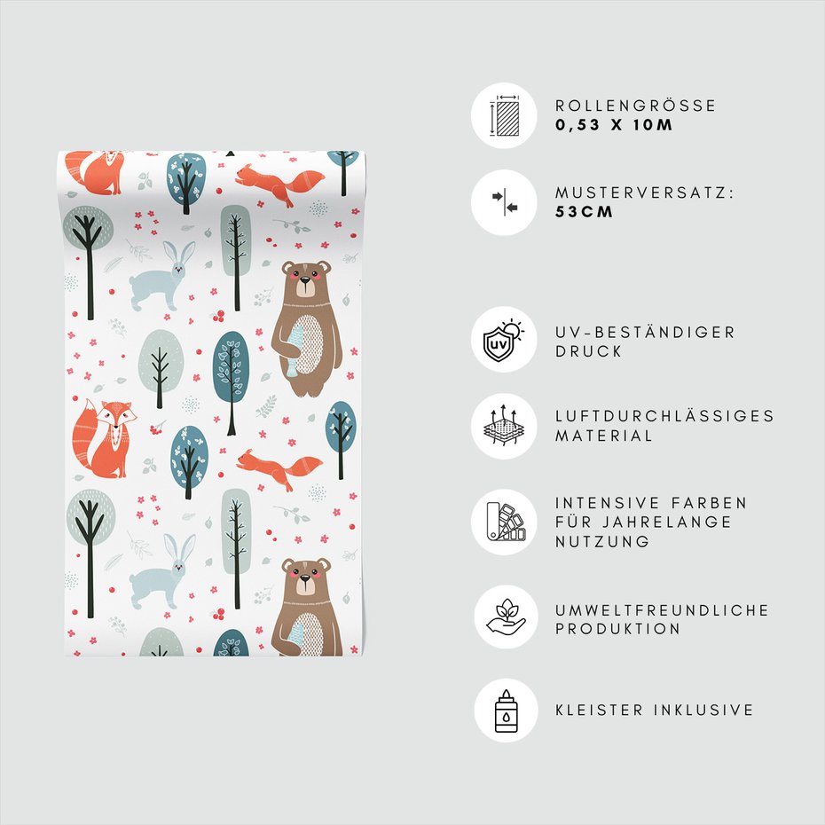 Tapeta - dziecięca, las, zwierzęta,