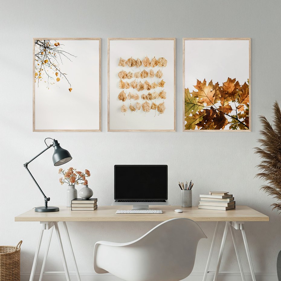 Zestaw obrazy w ramie, plakaty - liście, jesień, gałęzie - rama drewno