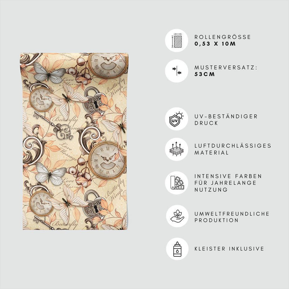 Tapeta - motyle, zegary, ornamenty