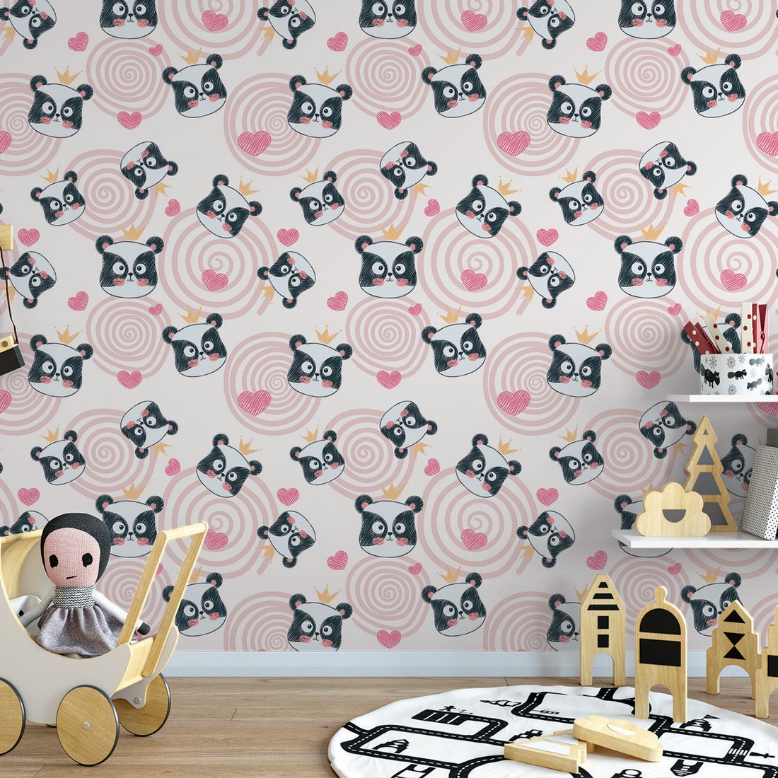 Tapeta - dziecięca, panda, korona, serce