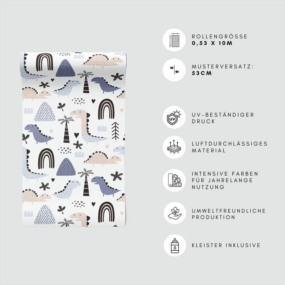 Tapeta - dziecięca, dinozaury, palmy, serca