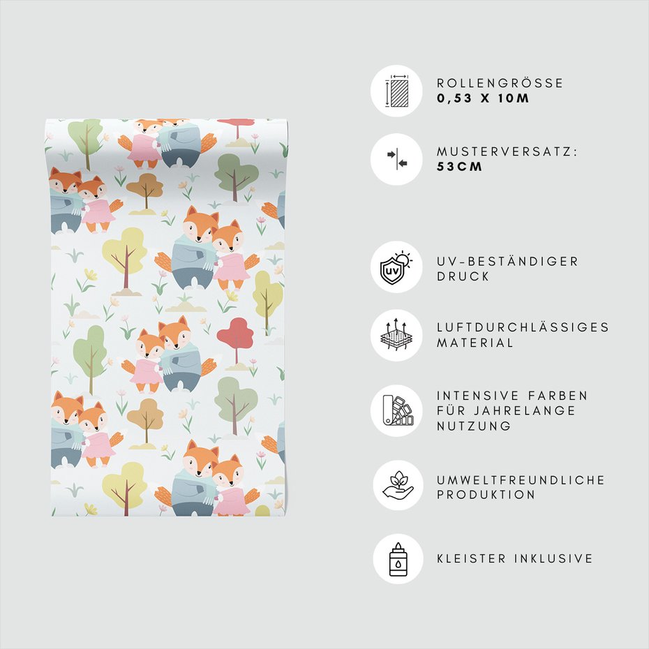 Tapeta - dziecięca, lisy, drzewa, kwiaty