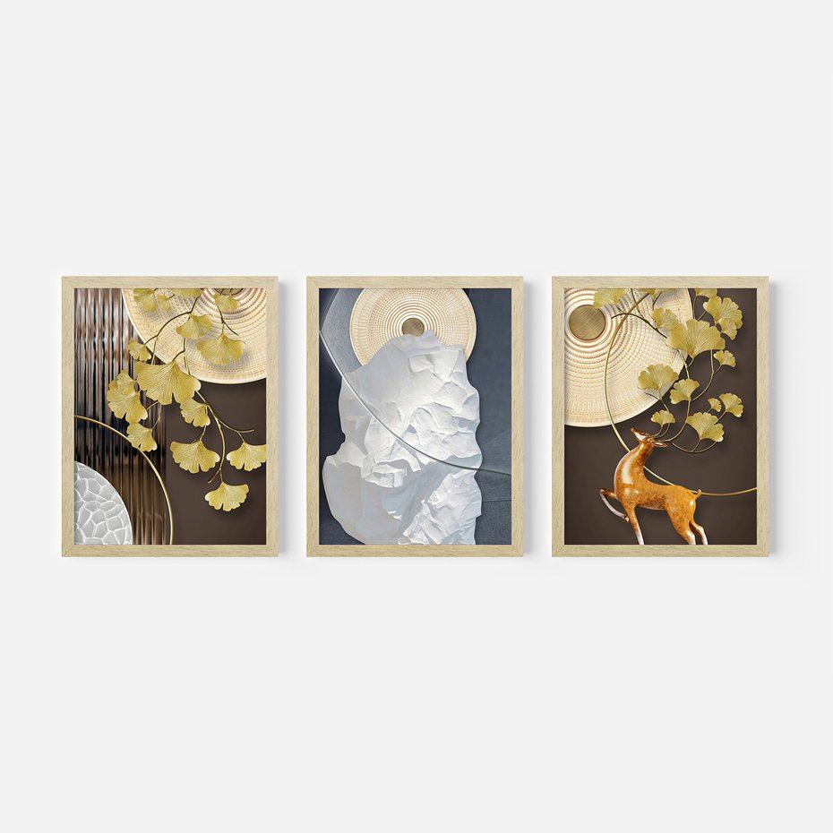 Zestaw obrazy w ramie, plakaty - złoty, liście, abstrakcja - rama drewno