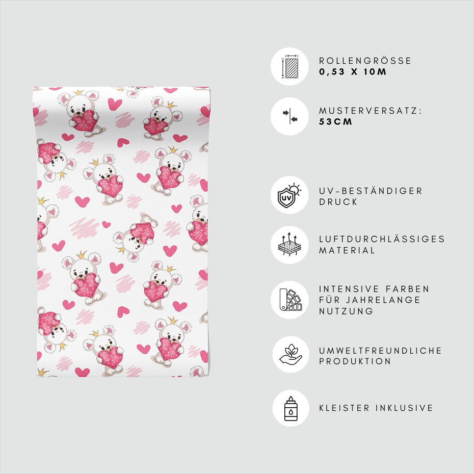 Tapeta - dziecięca, miś, serce, korona