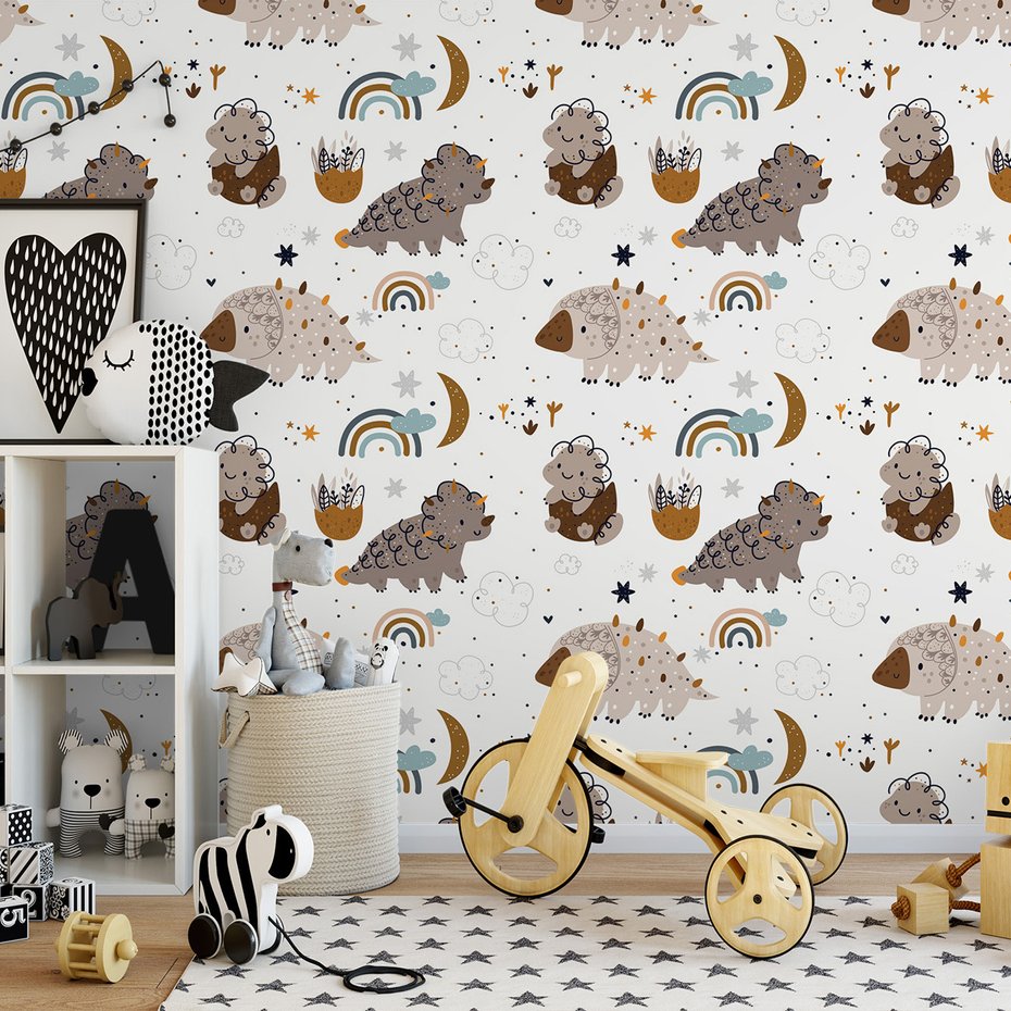 Tapeta - dziecięca, dinozaury, tęcza, gwiazdy