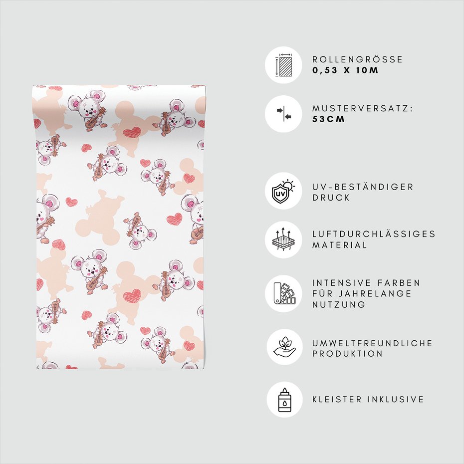 Tapeta - dziecięca, myszka, gitara, serce