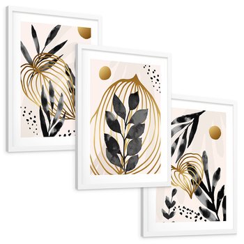 Zestaw obrazy w ramie, plakaty - liście, złoto, abstrakcja - rama biała