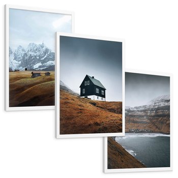 Zestaw obrazy w ramie, plakaty - góry, domy, krajobraz - rama biała