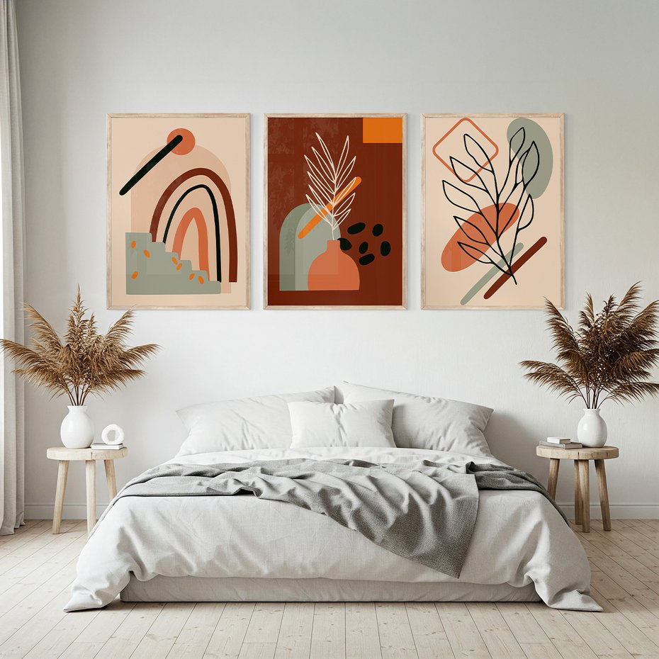 Zestaw obrazy w ramie, plakaty - abstrakcja, liście, rośliny - rama drewno