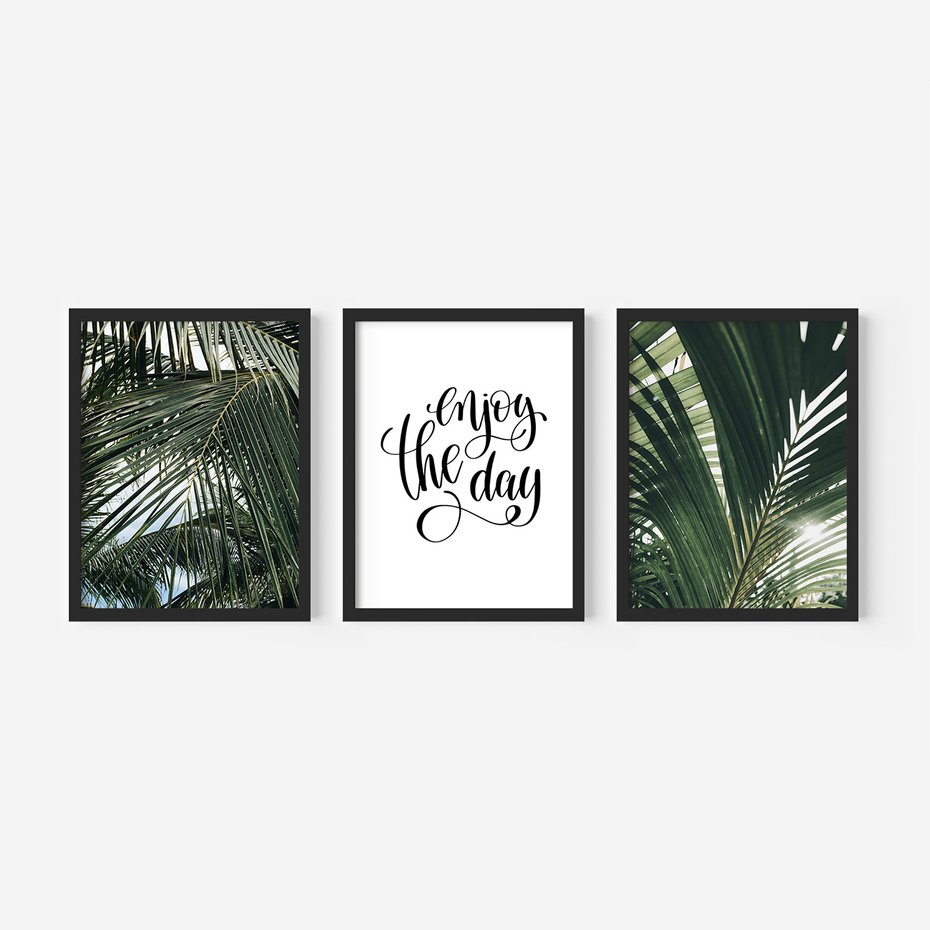 Zestaw obrazy w ramie, plakaty - liście,palmy,tropikalne - rama czarna