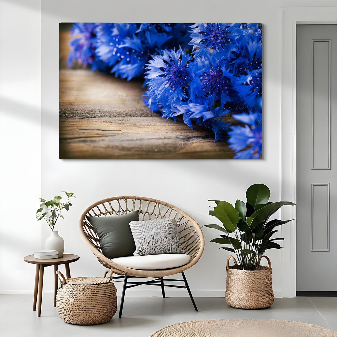 Obraz na płótnie - kwiaty, niebieski, drewno