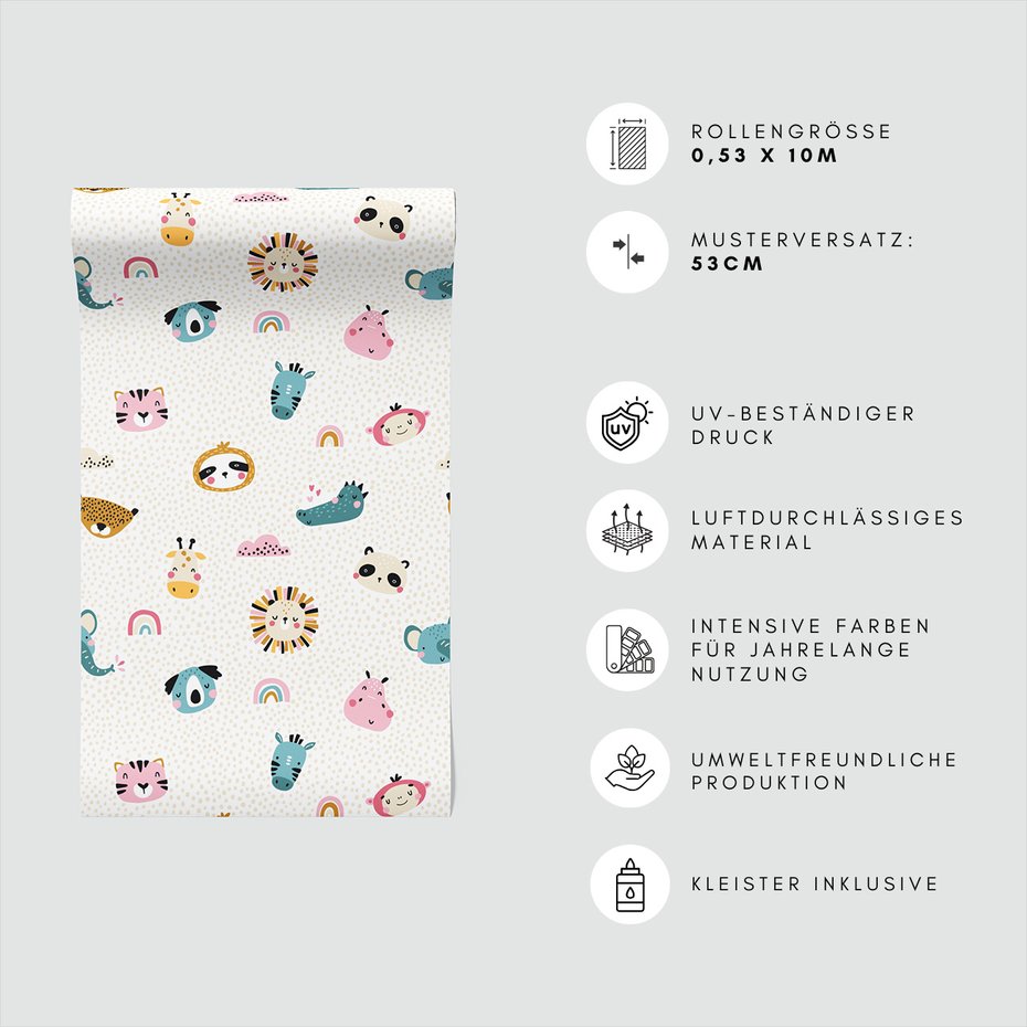 Tapeta - dziecięca, zwierzęta, tęcza, wzór