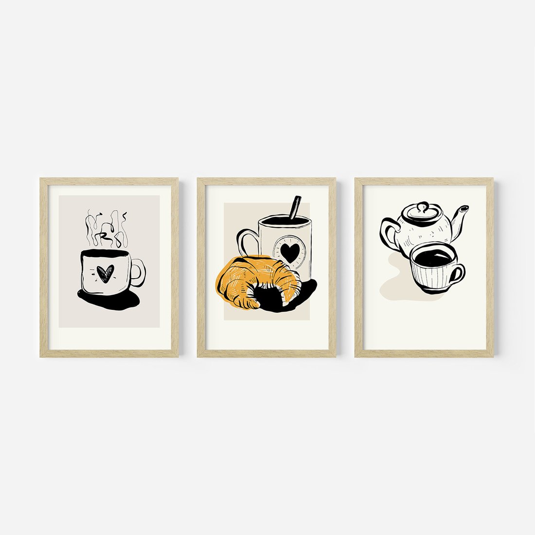 Zestaw obrazy w ramie, plakaty - kawa, filiżanka, croissant - rama drewno
