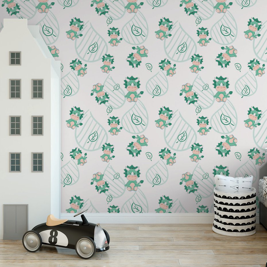 Tapeta - dziecięca, dinozaury, liście, tło