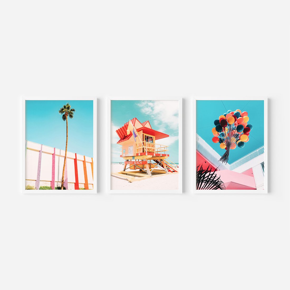 Zestaw obrazy w ramie, plakaty - plaża,palma,budynek - rama biała