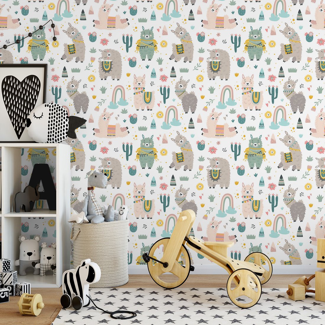 Tapeta - dziecięca, lama, kaktus, tęcza