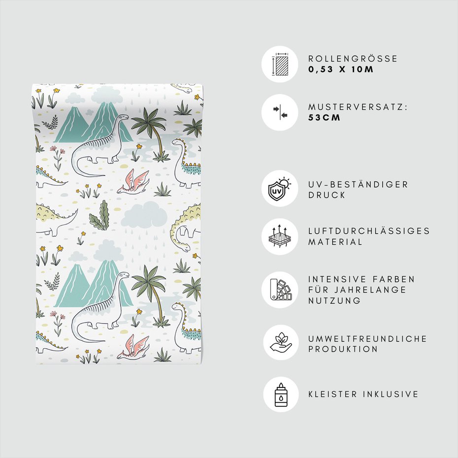 Tapeta - dziecięca, dinozaury, palmy, góry
