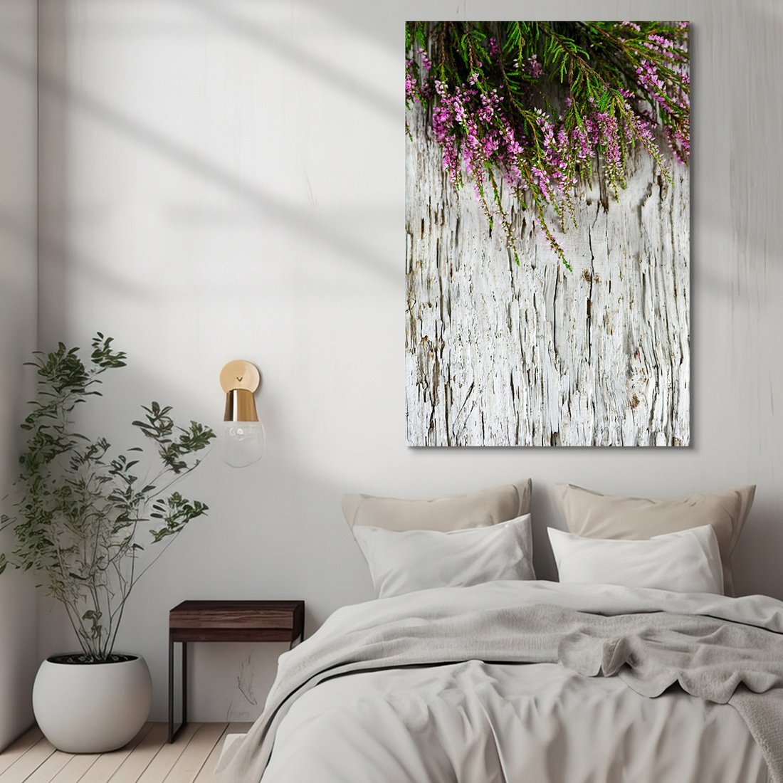 Obraz na płótnie - kwiaty, wrzos, drewno