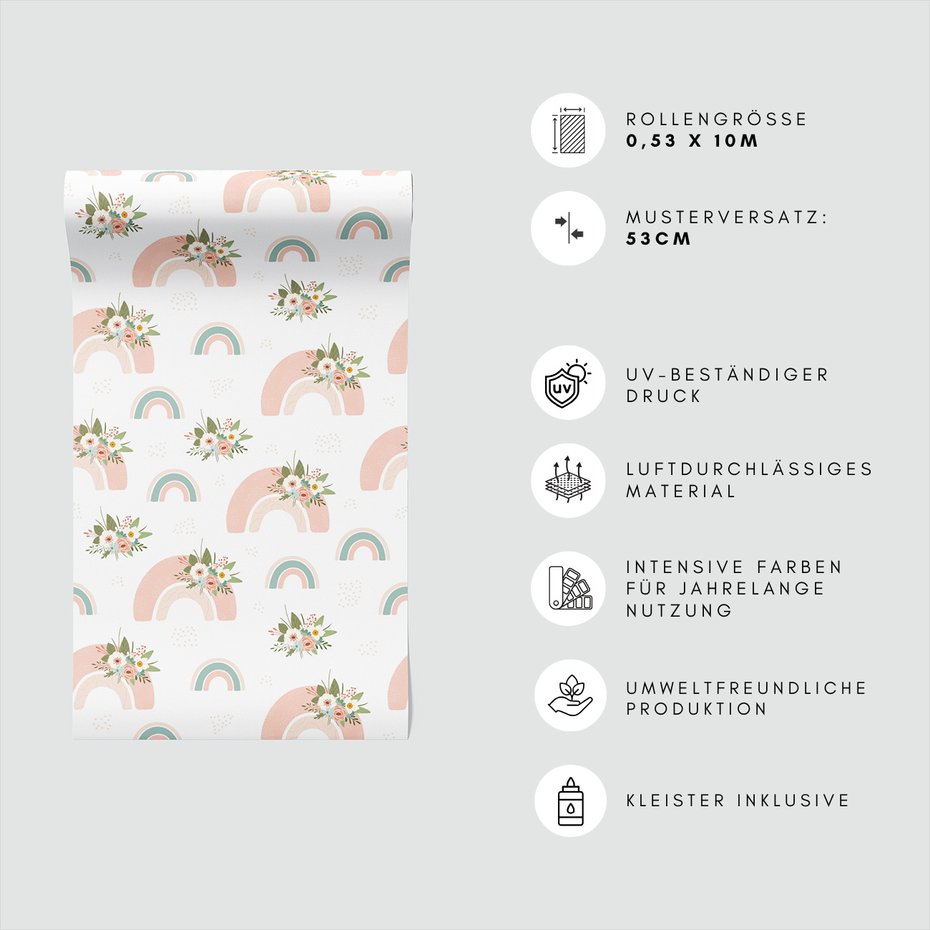 Tapeta - dziecięca, kwiaty, tęcza,