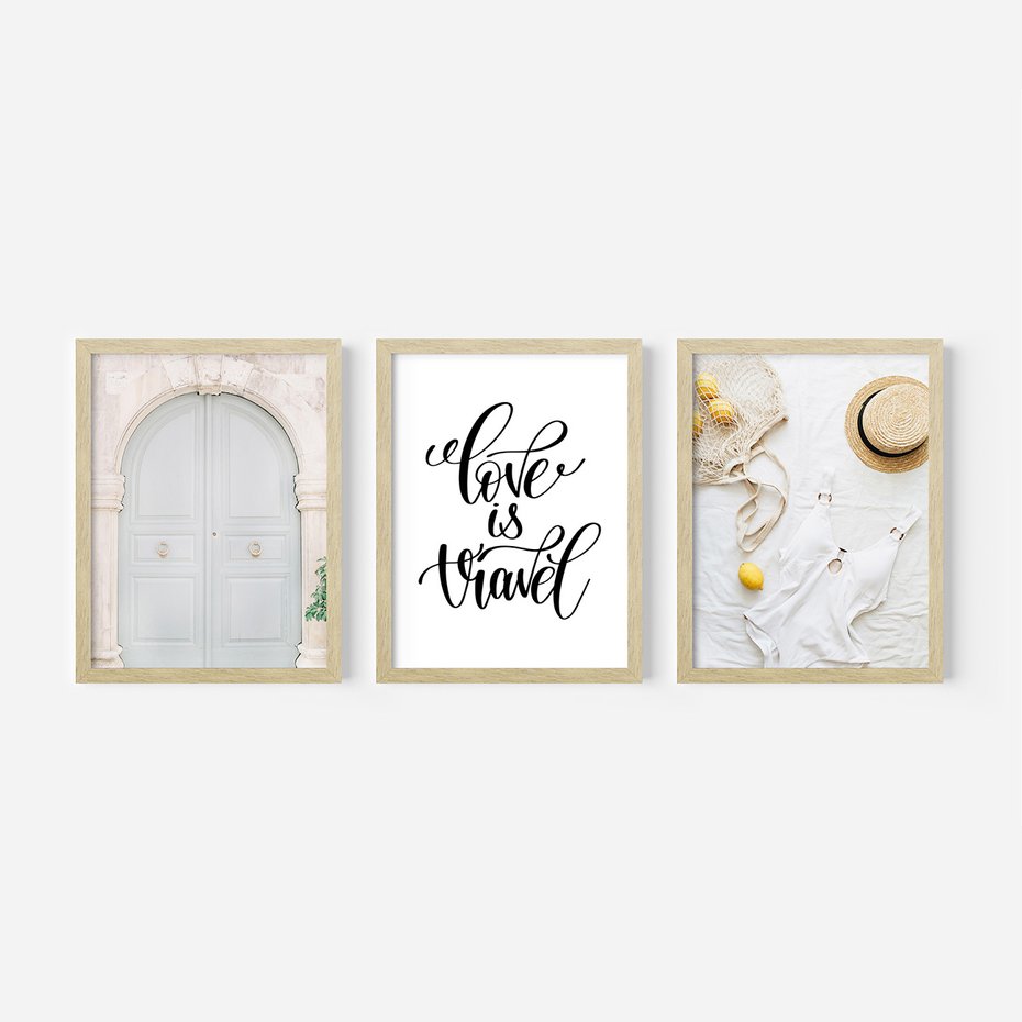Zestaw obrazy w ramie, plakaty - podróż, cytryny, drzwi - rama drewno
