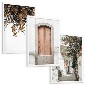 Zestaw obrazy w ramie, plakaty - drzwi, kwiaty, budynki - rama biała