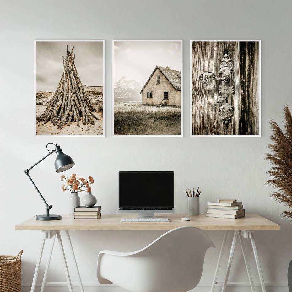 Zestaw obrazy w ramie, plakaty - vintage, dom, drewno - rama biała