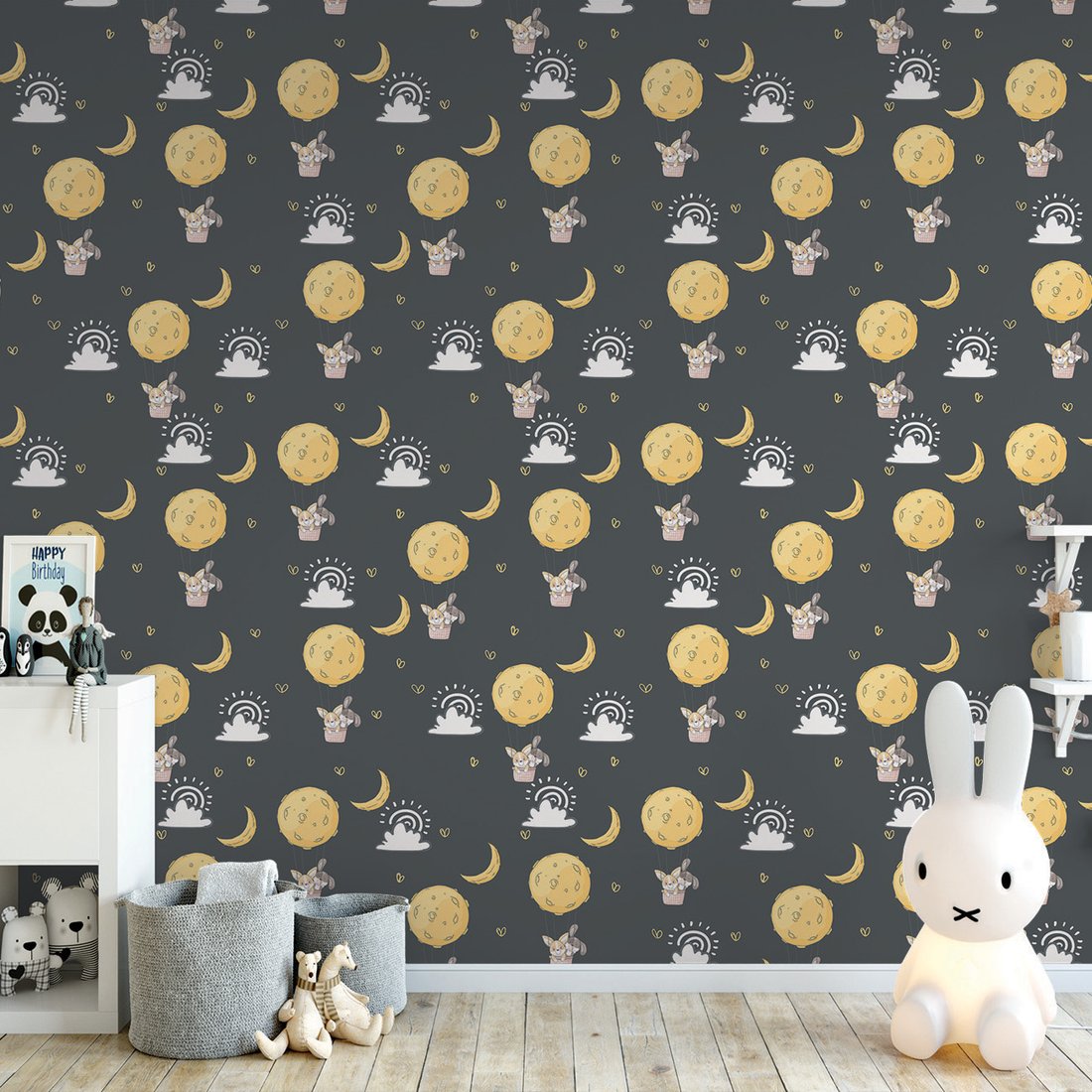 Tapeta - dziecięca, księżyc, królik, chmura