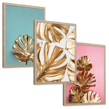 Zestaw obrazy w ramie, plakaty - liście, złoty, monstera - rama drewno