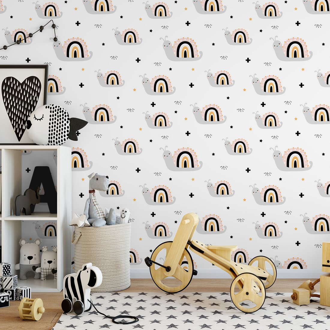 Tapeta - dziecięca, ślimaki, tęcza, gwiazdy