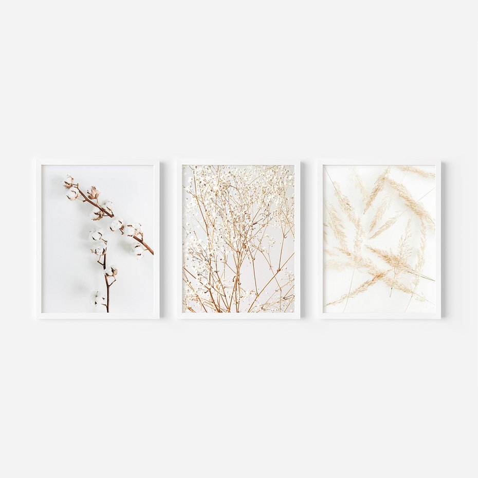 Zestaw obrazy w ramie, plakaty - kwiaty, gałązki, minimalizm - rama biała